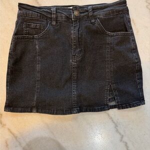 Black Denim Mini Skirt with Front Slit - Women's